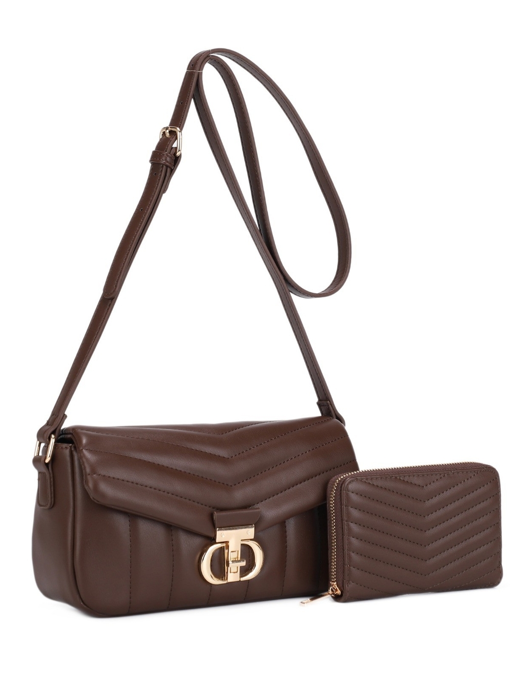 Brown Quilted Vegan Leather Shoulder Bag with Wallet Set